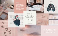 a collage of pink and white images with words, pictures, and other items