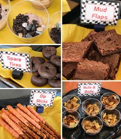 there are many different desserts on display at this party, including doughnuts, pretzels, and muffins