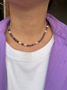 Gorgeous choker necklace with square amethyst gemstone bead. Tender combination of purple, pearls and silver makes this necklace perfect both for everyday wear and holidays. It's original jewelry, beaded by hand, using only natural gemstone beads. You can also combine in a lot of ways with your own jewelry and your casual or festive outfits. LENGTH: custom +3 cm exstension chain. CLOSURE: lobster clasp. MATERIALS: beading wire, 925 silver furniture, silvered stainless steel closure furniture, 4- Purple Round Beads Pearl Necklace For Gift, Purple Amethyst Gemstone Beads Pearl Necklace, Purple Amethyst Pearl Necklace With Gemstone Beads, Purple Gemstone Pearl Necklace Gift, Purple Pearl Single Strand Necklace, Purple Single Strand Pearl Necklace, Adjustable Purple Pearl Necklace, Purple Bead Necklace, Festive Outfits