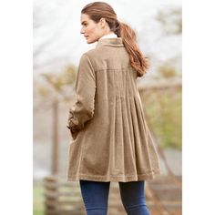 Soft, warm and made from great durable fabric. This jacket in pleated corduroy is a fall must have and you will love tossing it on over your favorite knit tops and tees. An A-line silhouette offers small sweep that moves with you and allows you to layer without bulk. Womens Tailored Suit, Spring Blazer, Clothing Industry, Barn Coat, Comfortable Clothes, Woman Within, Womens Crewneck, Jacket Long, Swimsuits For All