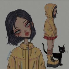 a drawing of a girl in a yellow jacket with a black cat next to her