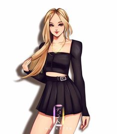 a girl with long blonde hair wearing a black dress