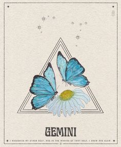 two blue butterflies sitting on top of a flower in front of a triangle with the word ge