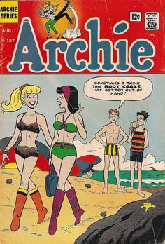 an old comic book cover with two women in bathing suits and one man on the beach