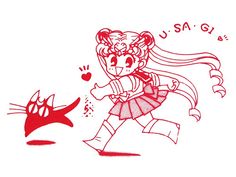 a drawing of a girl chasing a cat with her arm in the air while wearing a red and white dress