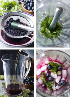 four different shots of blueberries, limes and mint