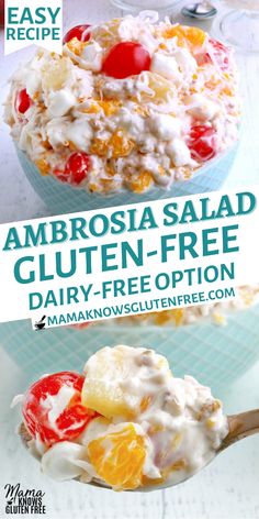 two bowls filled with different types of food on top of each other and the words, ambrosia salad gluten - free dairy - free option