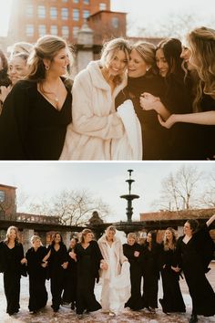 two pictures of women in black dresses and one has her arms around the other woman