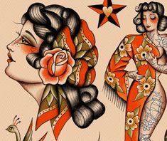 a drawing of two women with tattoos on their bodies and one has a rose in her hair