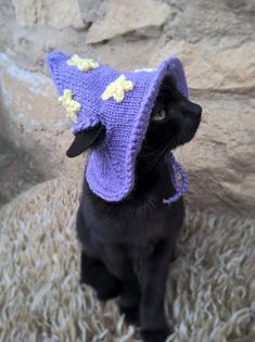 a black cat wearing a blue knitted hat with yellow stars on it's ears