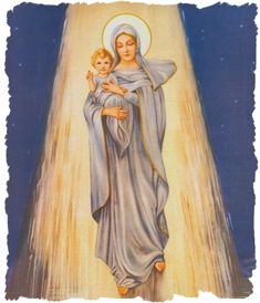 an image of the virgin mary holding a child in her arms with stars above it