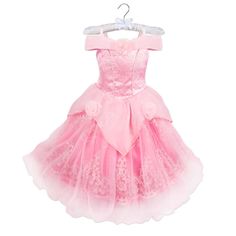 This Stunning Dress Features A Large Full Skirt, Princess Seams With Piping, Sparkly Filigree Detailing, Scalloped Flounce With Stain Roses Hemmed With Sequin Trim, Curly Lettuce Hems, Sparkle Buttons On The Back With Zipper Closure, And Subtle Pleated Coldshoulder Sleeves. Made With 7 Layers Of Satin And Tulle. The Dark Pink Satin Layer Is Detailed With Aurora's Signature. Approximate Flat Measurements: Chest (Armpit-To-Armpit): 15.5" Waist: 14.5" Length (Top Of Shoulder To Hem): 44" Every Orde Disney Princess Signatures, Puffy Tulle Skirt, Embroidery With Sequins, Bibbidi Bobbidi Boutique, Crown Embroidery, Disney Princess Costumes, Costume For Girls, Moda Chic, Princess Costume