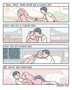 a comic strip with an image of a man and woman hugging each other in bed