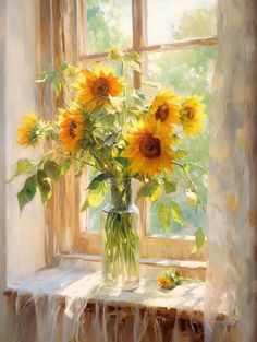 a painting of sunflowers in a vase on a window sill