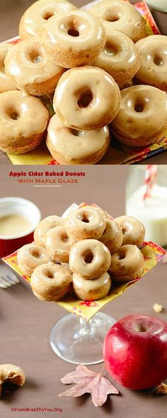 there are many donuts on the table and one has an apple next to it