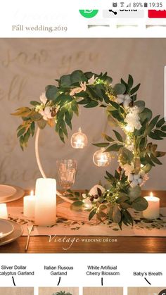 an image of a table setting with candles and greenery on the table, surrounded by flowers