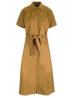 "Drew" midi shirt dress by A.P.C in brown organic cotton, front buttoning, belt at the waist and double pocket. Cotton Button-up Belted Midi Dress, Cotton Button-up Midi Dress With Belt, Cotton Shirt Dress With Belted Cuffs For Work, Brown Button-up Midi Dress For Work, Cotton Midi Belted Dress For Work, Brown Midi Dress With Button Closure For Work, Belted Cotton Midi Dress With Collar, Belted Collared Cotton Midi Dress, Collared Cotton Midi Dress With Belt