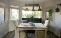 a dining room table and chairs in front of a window