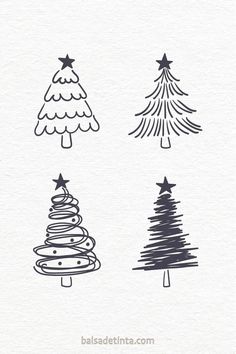 Cuatro ilustraciones de árboles de Navidad en distintos estilos de líneas negras sobre fondo blanco. How To Draw Merry Christmas, Traceable Christmas Drawings, Merry Christmas Drawings Easy, How To Draw Christmas Tree Step By Step, Simple Holiday Drawings, Holiday Graphic Design Inspiration, Christmas Small Drawings, Easy Xmas Drawings, Christmas Simple Drawings