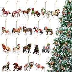 a christmas tree with twelve horses hanging from it's sides next to a decorated christmas tree