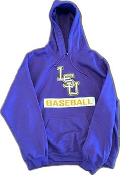 a purple hoodie with the word baseball on it and yellow letters in white lettering