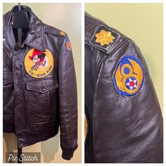 Vintage 1950's Golden Fleece Bomber / Flight Jacket, A-2 style. Made from 100% leather. It is brown in color. Has 2 snap down front pockets. Has Talon zipper pulls. Features 918th Bomb Wing, "The Muskateer" patch on front left chest, 8th Air Force patch on the shoulder , US Air Force Patch on right shoulder, ( it is barely hanging on, it will be removed and placed in the pocket, so as to not get lost) and gold major insignias on the shoulder straps. The cuffs and waist are banded, material has no damage.  Size 44R. 48" around at armpit, 25" long & 27"sleeves. Vintage Leather Jacket With Double-needle Stitching For Winter, Vintage Winter Biker Jacket With Double-needle Stitching, Vintage Biker Jacket With Double-needle Stitching For Fall, Brown Leather Military Outerwear, Fitted Military Brown Outerwear, Vintage Winter Biker Jacket With Flap Pockets, Vintage Biker Jacket With Flap Pockets For Winter, Vintage Winter Biker Jacket With Snap Buttons, Vintage Biker Jacket With Snap Buttons For Winter