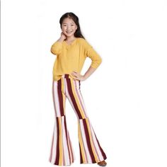 Price Firm Nwt Brand New With Tag Stylish & Chic Boho Vibes Striped Patterned Elongated With Instant Slim Effect Easy Pull On Closure Soft Cool Knit Fabric Raspberry Pink, Mustard Yellow, Burgundy And White Striped Pattern Elastic Waistband For Custom Fit Size M (7/8 Years Old) Price Firm Playful Yellow Cotton Pants, Playful Yellow Bottoms For Playwear, Playful Yellow Pants For Spring, Casual Yellow Playwear Bottoms, Casual Yellow Bottoms For Playwear, Black Slim Pants, Tan Cargo Pants, Bell Pants, Pink Trousers