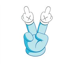 a cartoon hand with two fingers up in the shape of a peace sign, on a white background