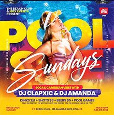 the pool sunday flyer is shown with an image of a woman in a bathing suit