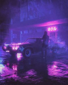 a person standing in front of a car on a rainy street at night with neon lights