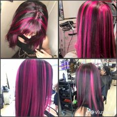 Highlights Brown Hair Colorful, Dark Brown Hair With Pink, Pink Hair Streaks, Skunk Hair, Pink Hair Dye, Chunky Highlights, Red Hair Inspo