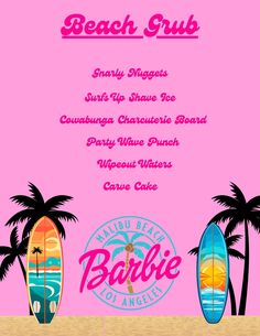 the beach club menu with surfboards and palm trees