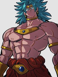 an anime character with blue hair and no shirt standing in front of a white background