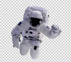 an astronaut floating in the air with his arms out and one hand up, while wearing white