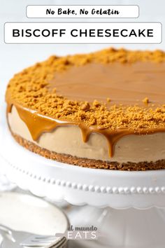 a Biscoff cheesecake on a stand Biscuit Crust, Cheesecake Easy, Biscoff Cheesecake, Buttery Biscuits, Cookie Butter, French Bakery, Easy Dessert, Dessert Recipe, No Bake Cookies