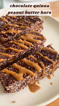 chocolate quinoa peanut butter bars on a white plate