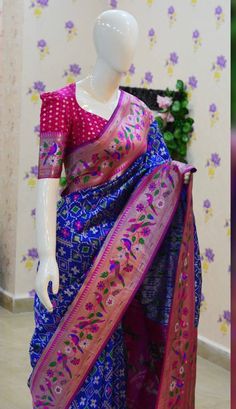 🪷🪷 Beautiful banarasi patola paithani saree paired up with pretty banaras weaving blouse. Blouse sizes can be customized.  for your size with maggam work Multiple pieces available 🪷🪷 Ready to wear  blouse fits to 34 to 46 we are bringing saree also ready to wear with fall, pico and fancy tussels  contact seller for availability Blouse Design For Daily Wear Saree, Gadwal Pattu Saree Blouse Designs, Blouse Design For Patola Saree, Chandrakor Paithani Blouse Design, Blouse For Paithani Saree, Bandini Saree Blouse Designs Latest, Benaras Saree Blouse Designs Latest, Blouse For Patola Saree, Paithani Saree Blouse Pattern With Work