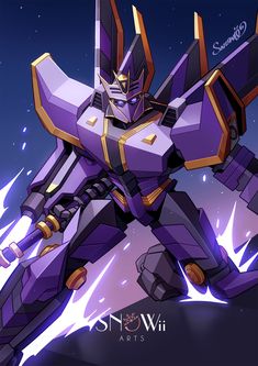 an anime character with purple and gold armor standing in front of a blue sky background