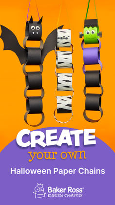 halloween paper chains are hanging from the ceiling with text that reads create your own halloween paper chains