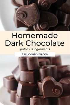 homemade dark chocolate pieces stacked on top of each other with text overlay that reads homemade dark chocolate