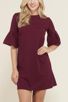 Burgundy bell sleeve shift dress Miss Me Outfits, Hoodies Graphic, Bell Sleeve Shift Dress, Strapless Dresses, Ruffle Bell Sleeve, Straight Line, Sleeveless Tops, Compression Leggings, Design Dress