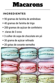 an advertisement for macarons with different colors and flavors on it's side