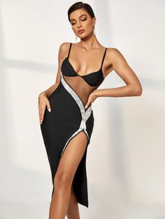 The Doloras Crystal Embellished Bandage Dress features a tulle insert with a contrasting crystal frame. delicate spaghetti-style straps. and a thigh-grazing split. It is cut in a midi silhouette and fastens with a hidden zip closure at the... Crystal Frame, Date Night Dresses, Black Mesh, Clothes Gift, Straight Leg Pants, Best Sellers, New Dress