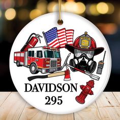 personalized ornament with fireman's gear and american flag