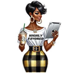 a woman holding a tablet and a drink in her hand while wearing a t - shirt that says highly flavored