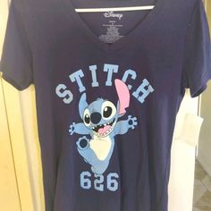 Women Brand New Disney Stitch Shirt Blue Disney Tops For Fan Events, Blue Cartoon Print Tops For Disney Fan Events, Blue Disney Tops For Disney Trips, Blue Disney Style Tops For Disney Trips, Blue Disney Tops For Fan Merchandise, Disney Graphic Print Blue Shirt, Disney Cartoon Print Relaxed Fit Tops, Disney Blue Cotton Tops, Blue Disney Cotton Tops