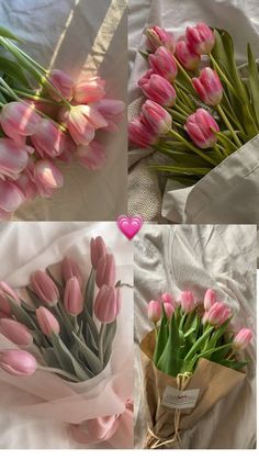 pink tulips are arranged in four different ways