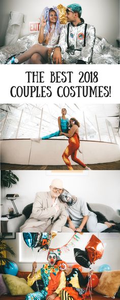 two people sitting on top of a couch in front of a bed and the words, the best 2013 couples costumes