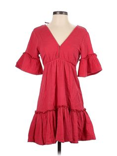 Billabong x Sincerely Jules Casual Dress Size: X-Small Red Dresses - used. No Fabric Content, Popover, V Neck, Short, Short Sleeve | Billabong x Sincerely Jules Casual Dress - Popover: Red Dresses - Used - Size X-Small Red V-neck Mini Dress With Ruffle Hem, Red Mini Dress With Ruffle Hem For Spring, Casual Red Mini Dress With Ruffle Hem, Red V-neck Cotton Mini Dress, Red Cotton Mini Dress For Spring, Red V-neck Midi Dress With Ruffle Hem, Red Ruffle Hem Mini Dress For Beach, Red Beach Mini Dress With Ruffle Hem, Red V-neck Dresses With Ruffle Hem