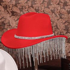 Never Been Used/Worn New!! Fast Shipping Color Red High Quality Brand New 65% Cotton, 35% Polyester Size - The Head Circumference Of The Hat Is 56-58cm/22-22.8 Inches, Which Is Suitable For Most Human Head Sizes. The Rhinestone Fringe On The Brim Is A Moderate Length, And Will Not Obscure The Eye View Red Cowgirl Hat, Diamond Cowgirl, Patchwork Bucket Hat, Womens Fedora Hat, Adidas Baseball Cap, Carhartt Hat, Womens Fedora, Rhinestone Fringe, Human Head